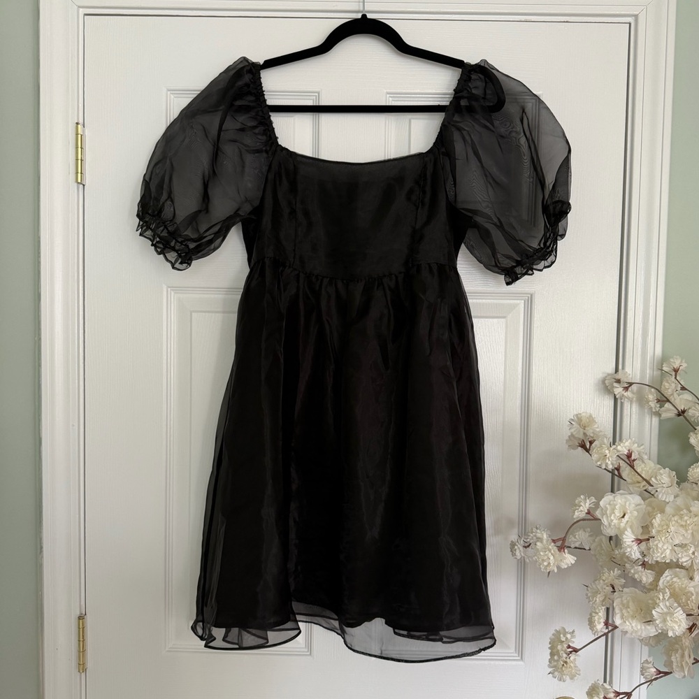 Nordstrom Black Sheer Puff Sleeve Mini Dress Square Neck